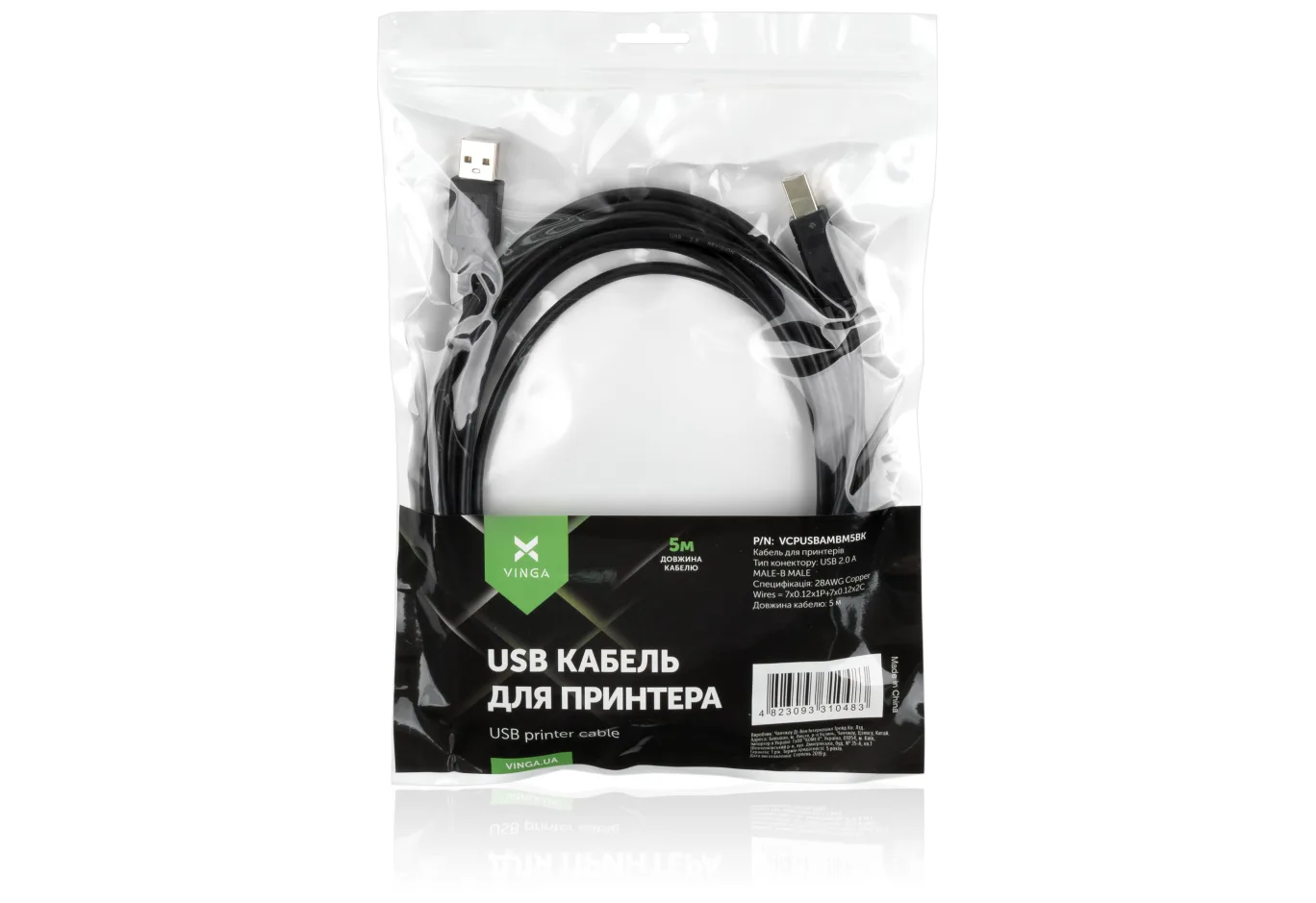 Printer cable USB 2.0 AM/BM 5.0 m Vinga (VCPUSBAMBM5BK)