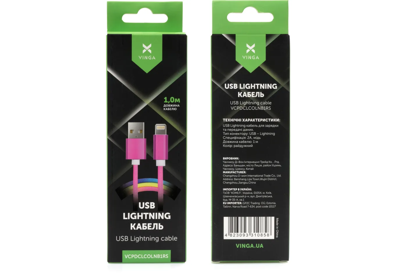 Data cable USB 2.0 AM to Lightning 1.0m rainbow nylon Vinga (VCPDCLCOLNB1RS)