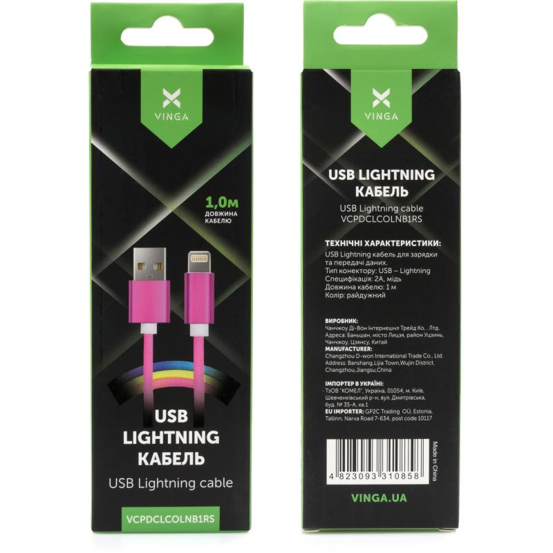 Дата кабель USB 2.0 AM to Lightning 1.0m rainbow nylon Vinga (VCPDCLCOLNB1RS)