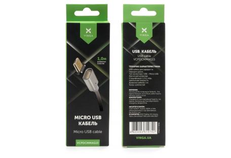 Дата кабель USB 2.0 AM to Micro 5P 1.0m Magnetic Vinga (VCPDCMMAG1S)