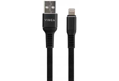 Дата кабель USB 2.0 AM to Lightning 1.0m flat nylon black Vinga (VCPDCLFNB1BK)