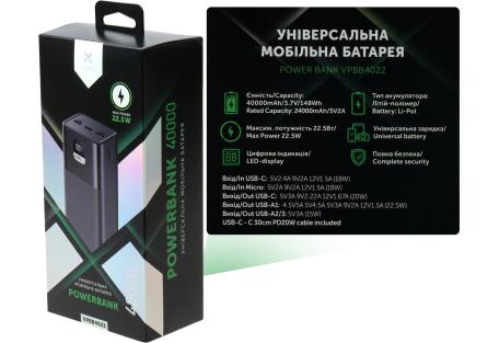 Батарея універсальна Vinga 40000 mAh 22.5W Display Black (VPBB4022)