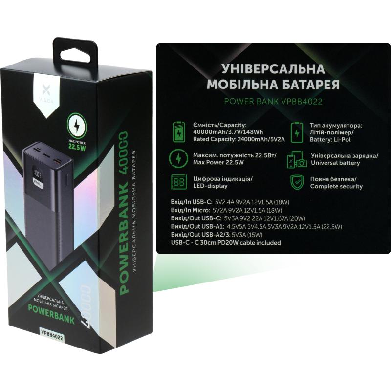 Батарея універсальна Vinga 40000 mAh 22.5W Display Black (VPBB4022)