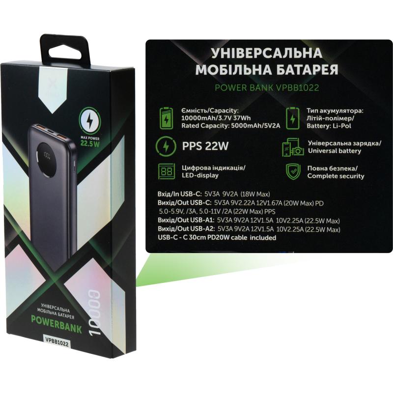 Батарея універсальна Vinga 10000 mAh 22.5W Display Black (VPBB1022)
