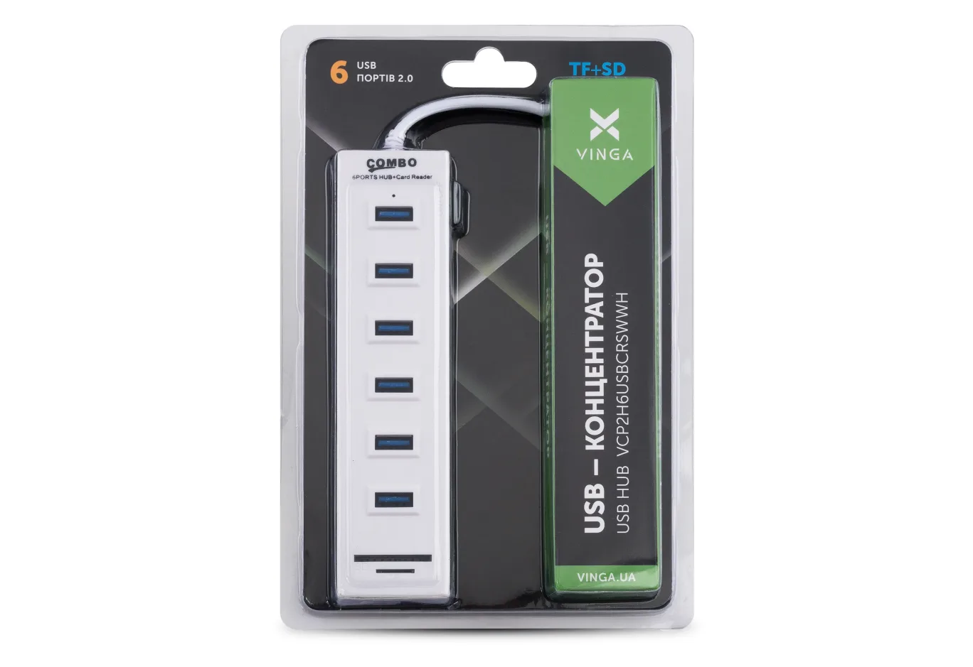 Hub Vinga 6xUSB2.0 + card-reader with switch 0.8m (VCP2H6USBCRSWWH)