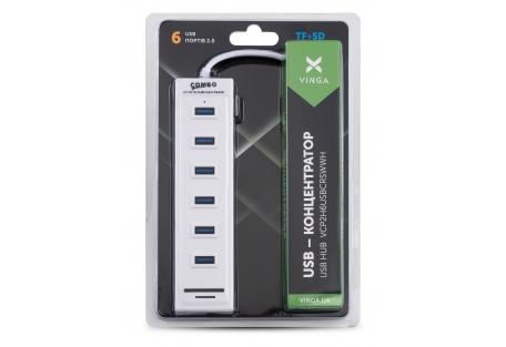 Концентратор Vinga 6xUSB2.0 + card-reader with switch 0.8m (VCP2H6USBCRSWWH)