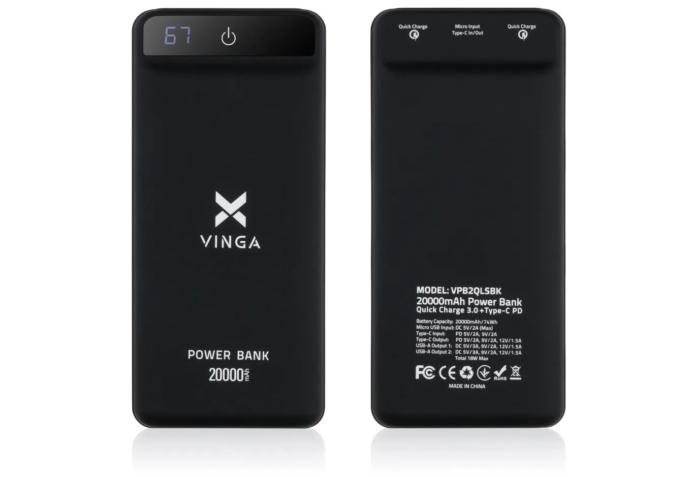 Universal Battery Vinga 20000 mAh QC3.0 Display soft touch black (VPB2QLSBK)