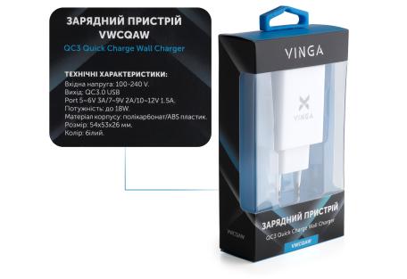 Зарядний пристрій Vinga QC3.0 Quick Wall Charger 1xUSB 18W Max (VWCQAW)