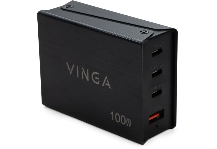 Charger Vinga GaN 100W PD+QC 3C1A ports 1.2m Wired Charger (VCPCH100CB)