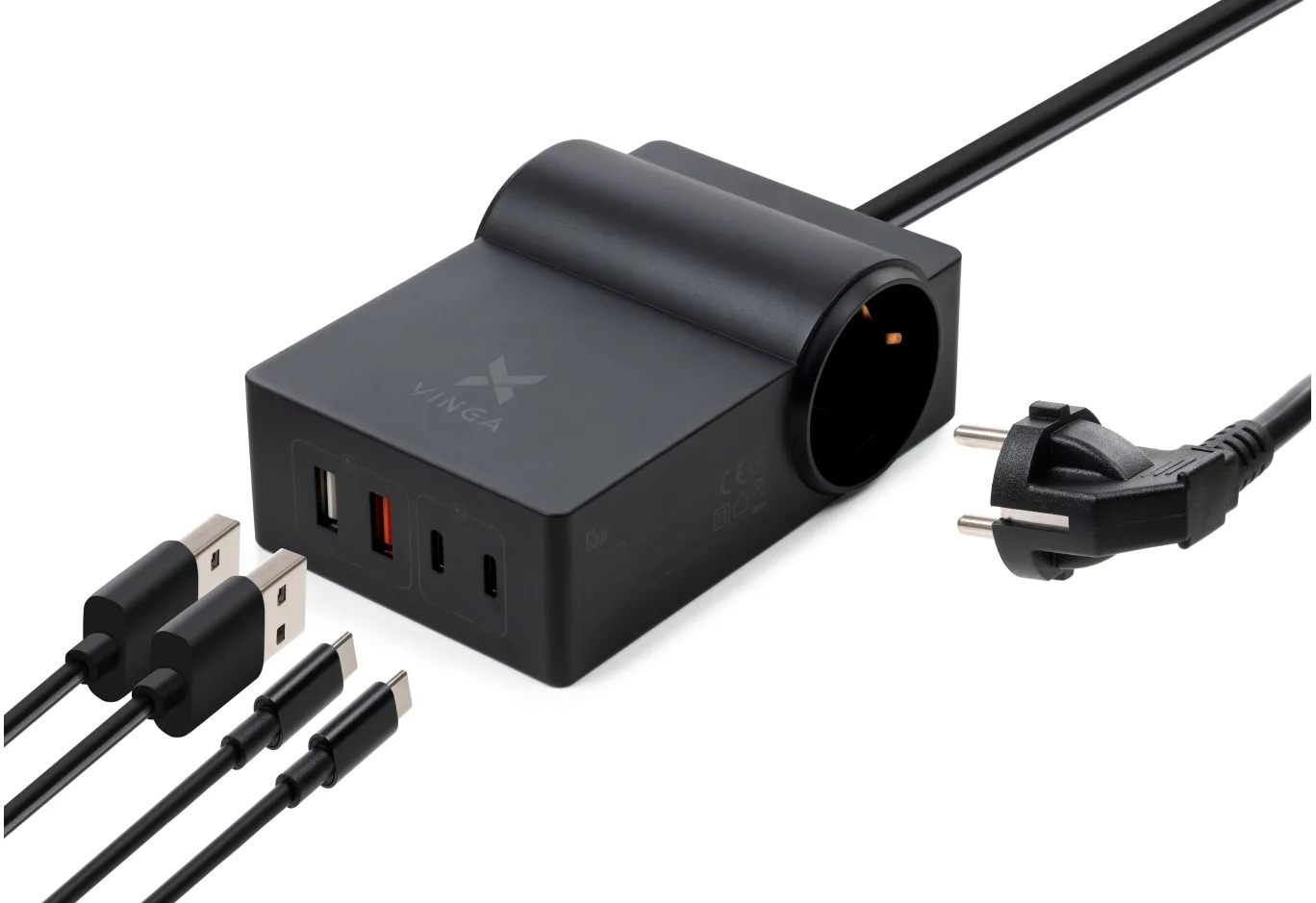 Charger Vinga 65W PD/QC 2xUSB-C+2xUSB-A+2xSchukoF 1.5m CEE7/7 (VCHG2OAC65)