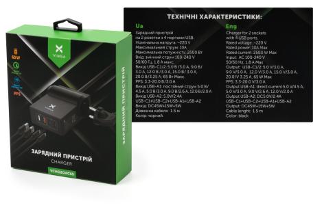 Зарядний пристрій Vinga 65W PD/QC 2xUSB-C+2xUSB-A+2xSchukoF 1.5m CEE7/7 (VCHG2OAC65)