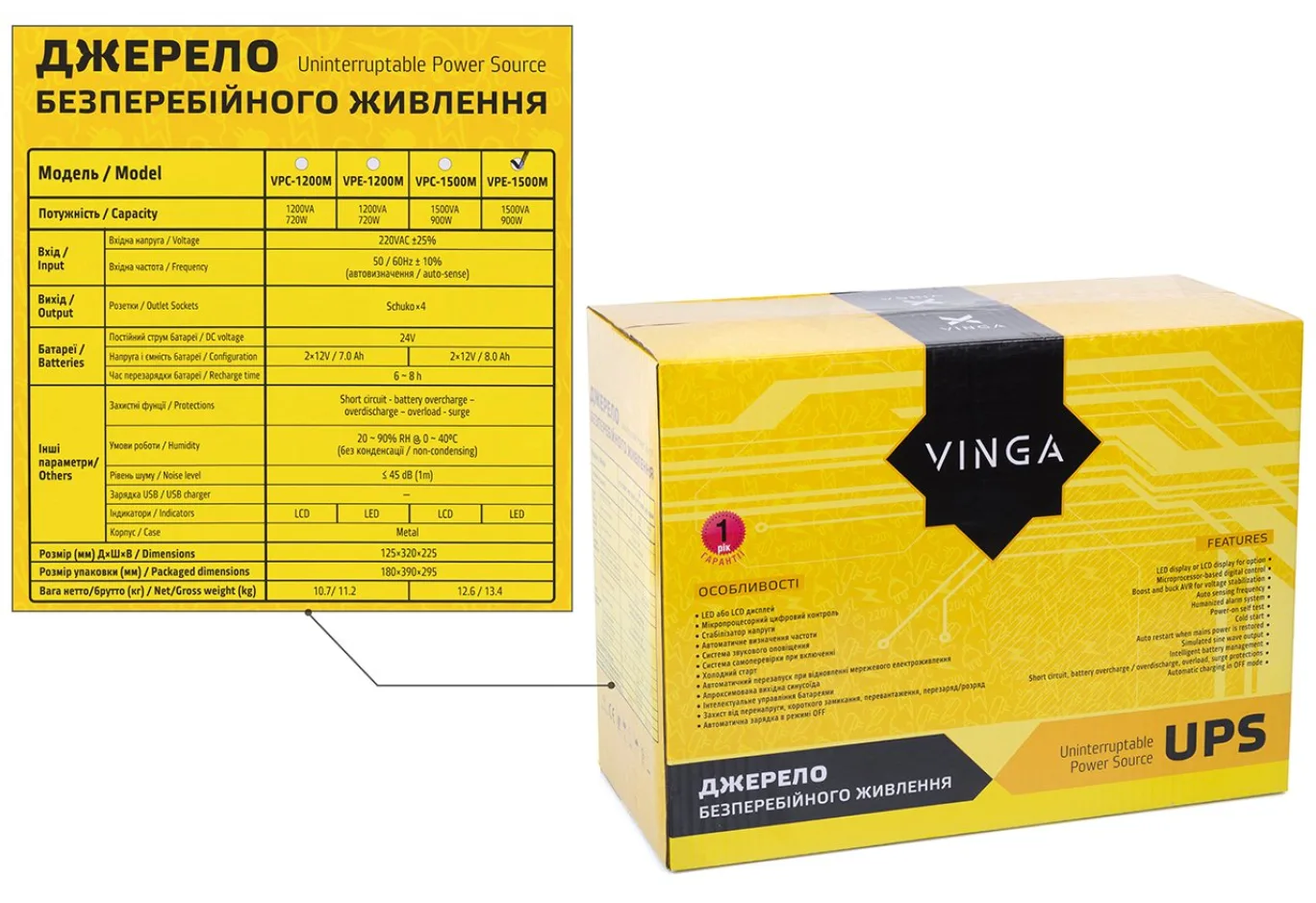 Uninterruptible Power Supply Vinga LED 1500VA metal case (VPE-1500M)