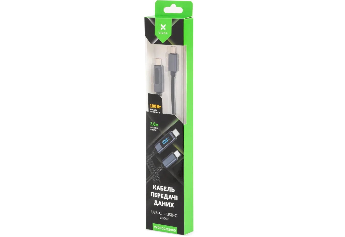 Дата кабель USB-C to USB-C 2.0m 100W LCD Display Nylon Black Vinga (VYDCCC22100D)
