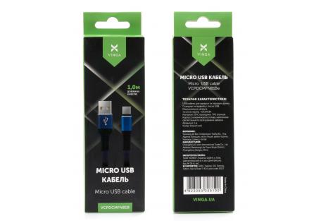 Дата кабель USB 2.0 AM to Micro 5P 1m flat nylon blue Vinga (VCPDCMFNB1B)