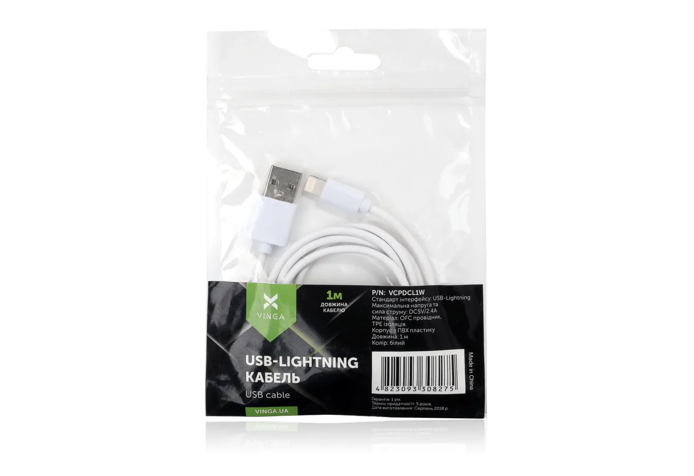 Дата кабель USB 2.0 AM to Lightning PVC 1m white Vinga (VCPDCL1W)