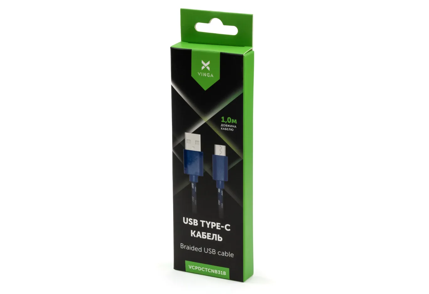 Data cable USB 2.0 AM to USB-C 1.0m 2color nylon blue Vinga (VCPDCTCNB31B)