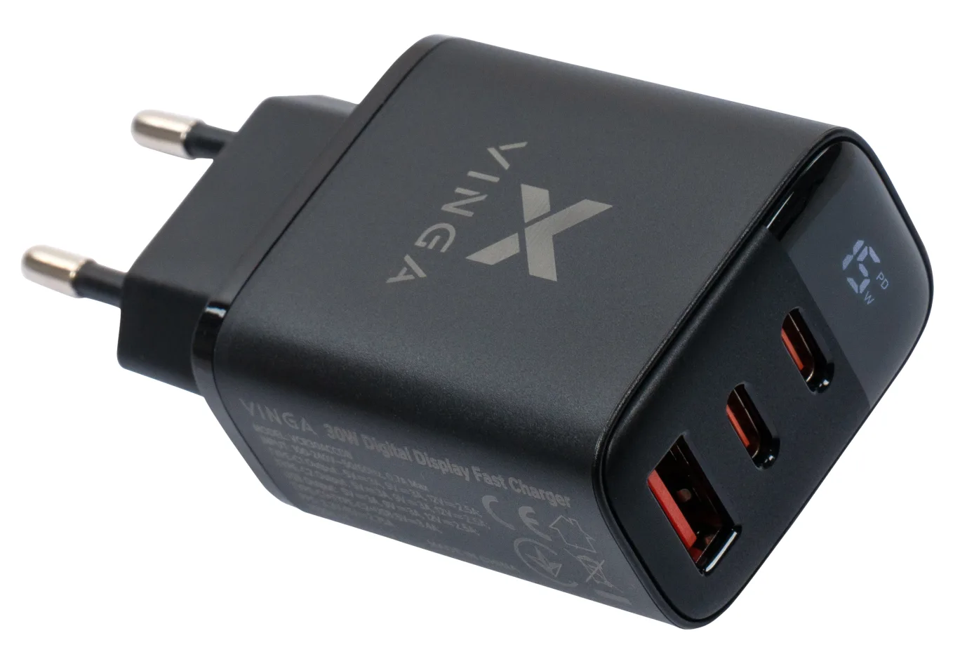 Charger Vinga 2xUSB-C PD30W + USB-A QC30W Display 30W Max (VCR30ACCDB)