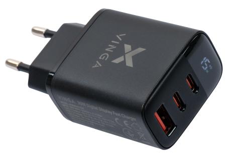 Зарядний пристрій Vinga 2xUSB-C PD30W + USB-A QC30W Display 30W Max (VCR30ACCDB)