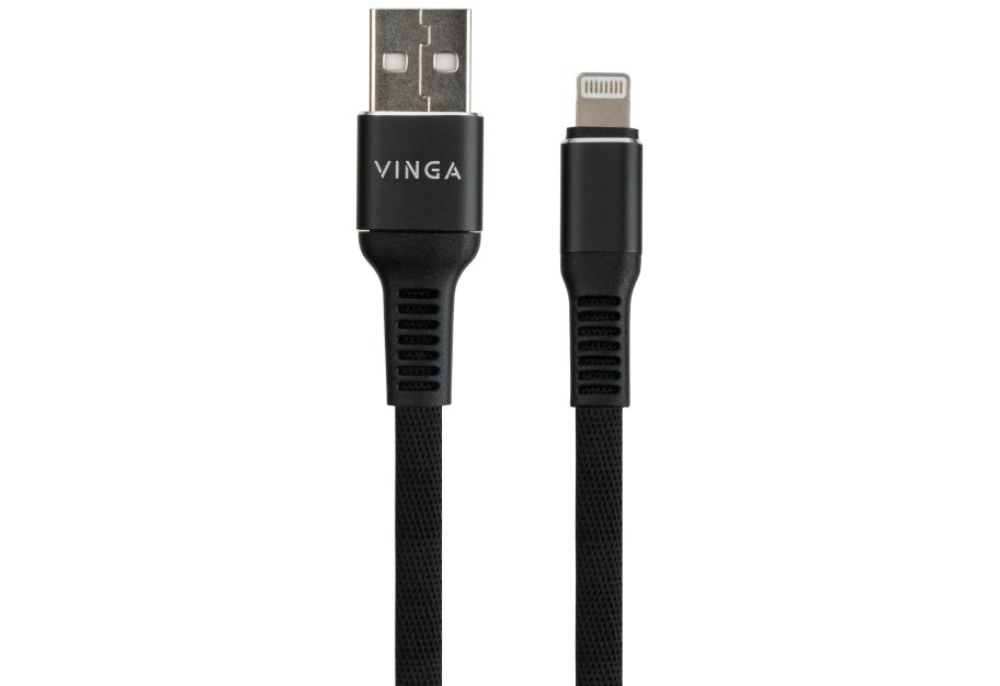 Дата кабель USB 2.0 AM to Lightning 1.0m flat nylon black Vinga (VCPDCLFNB1BK)