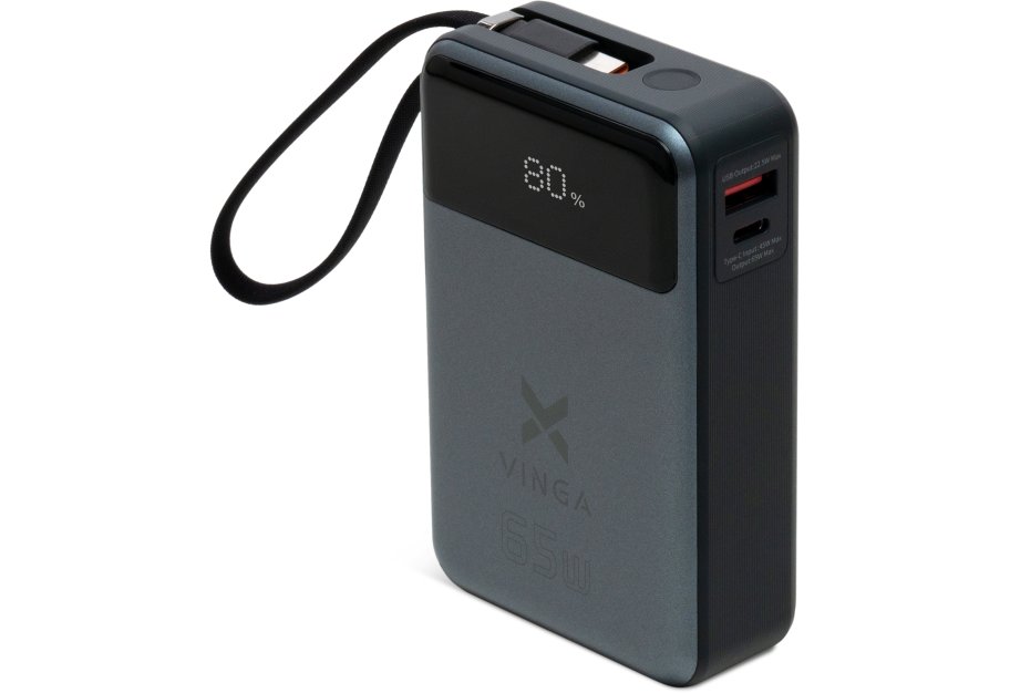 Батарея універсальна Vinga 20000 mAh 65W Display USB-C Cable Grey (VPBB2065C)