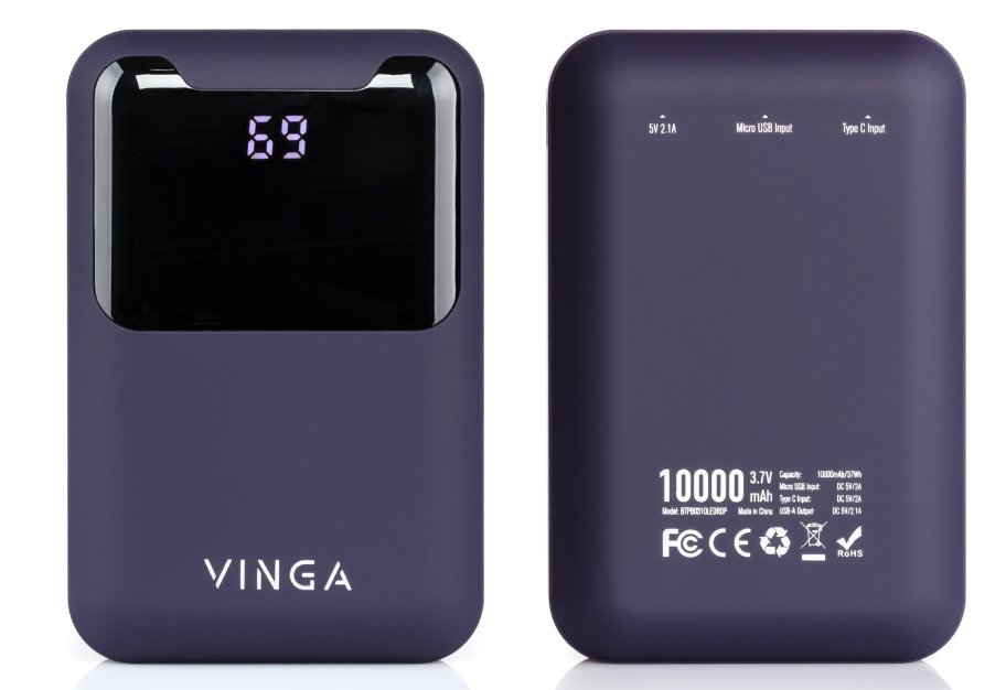 Батарея універсальна Vinga 10000 mAh Display soft touch purple (BTPB0310LEDROP)