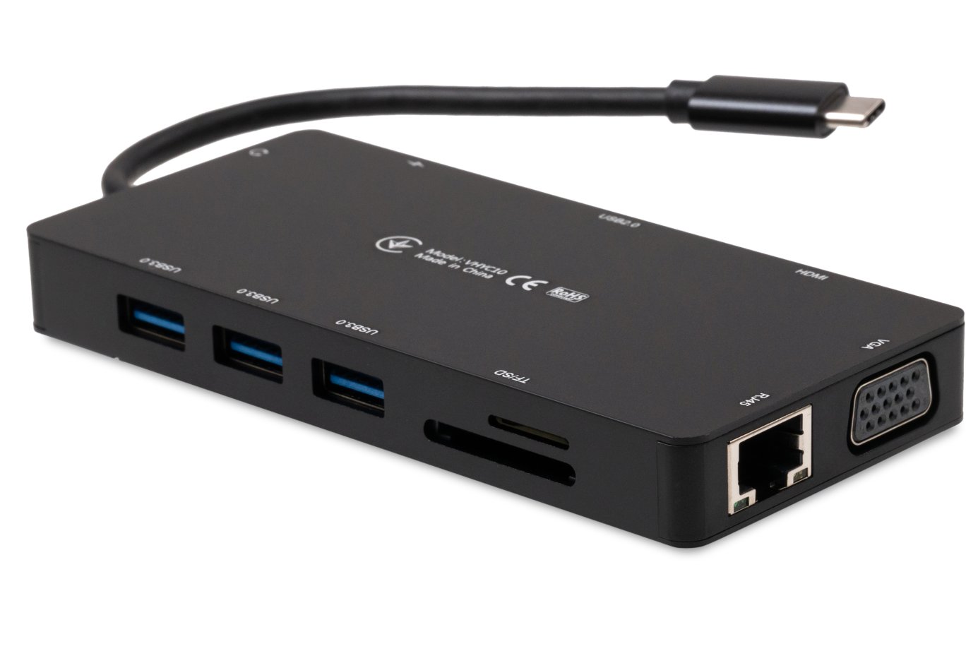 Концентратор Vinga USB-C 3.1 to VGA+HDMI+RJ45+3xUSB3.0+USB2.0+SD/TF+PD100W+Audio (VHYC10)