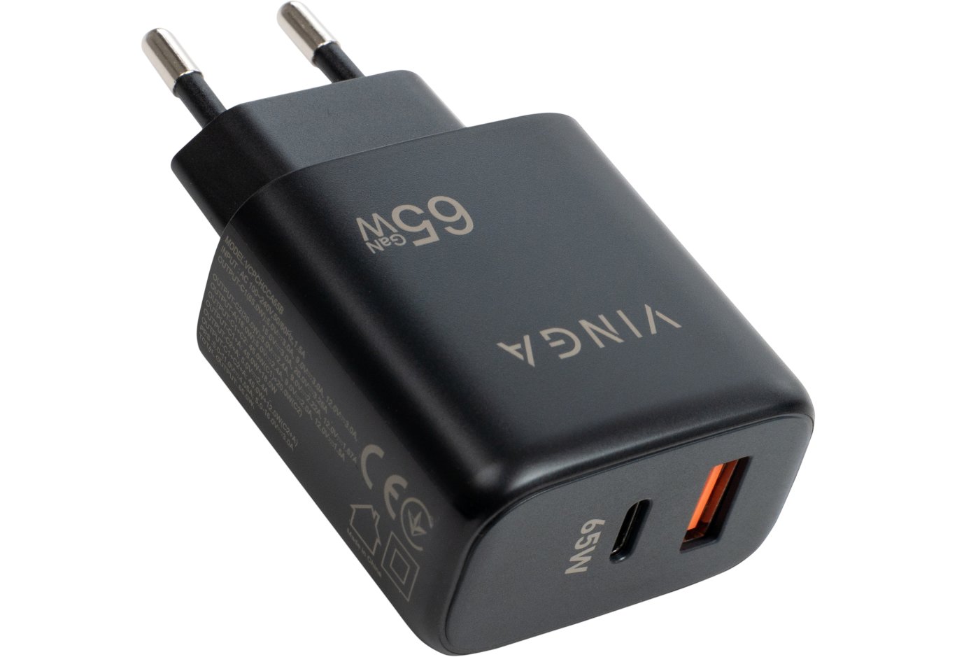 Charger Vinga GaN 65W PD+QC 1C1A ports Wall Charger (VCPCHCA65B)