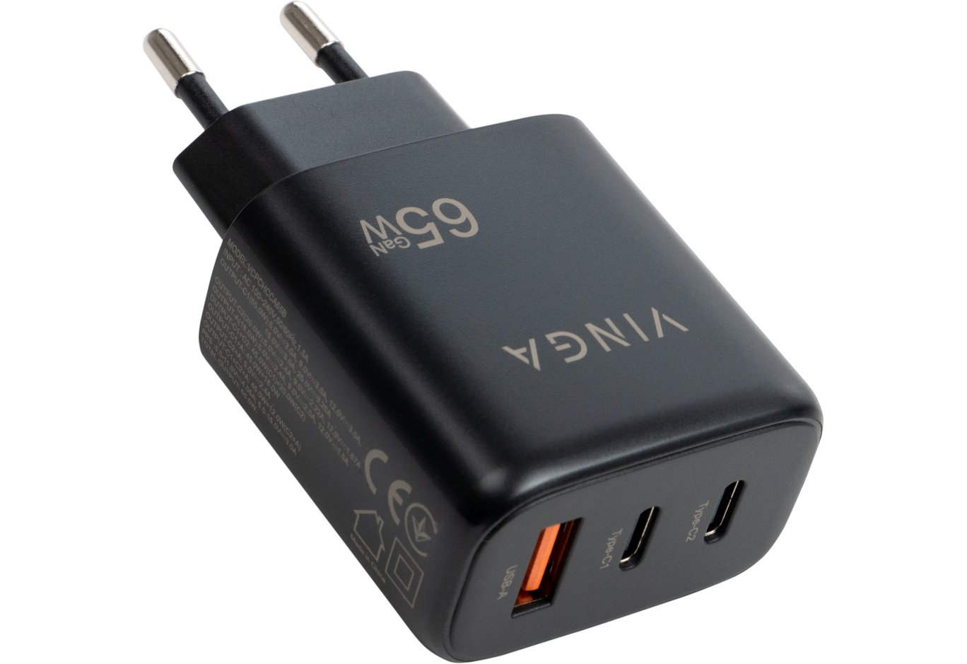 Charger Vinga GaN 65W PD+QC 2C1A ports Wall Charger (VCPCHCCA65B)