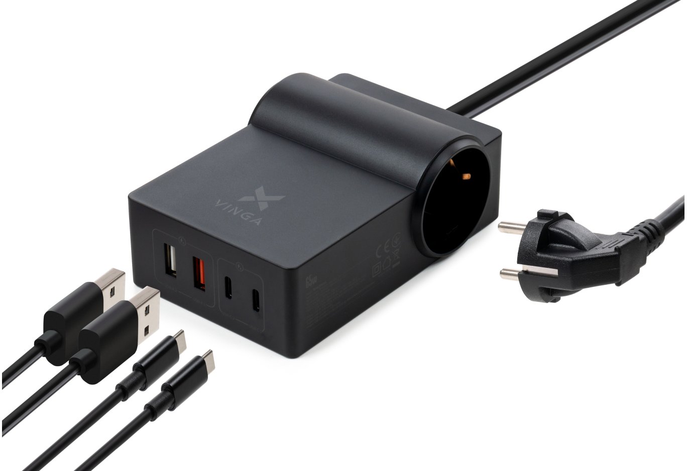 Charger Vinga 65W PD/QC 2xUSB-C+2xUSB-A+2xSchukoF 1.5m CEE7/7 (VCHG2OAC65)