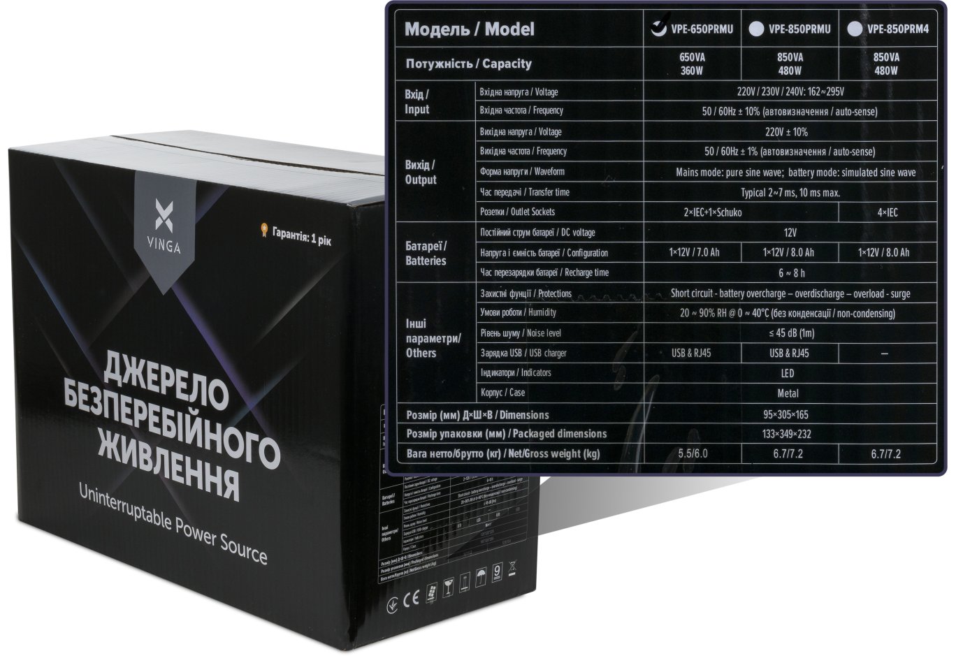 Пристрій безперебійного живлення Vinga LED 650VA metal case with USB (VPE-650PRMU)