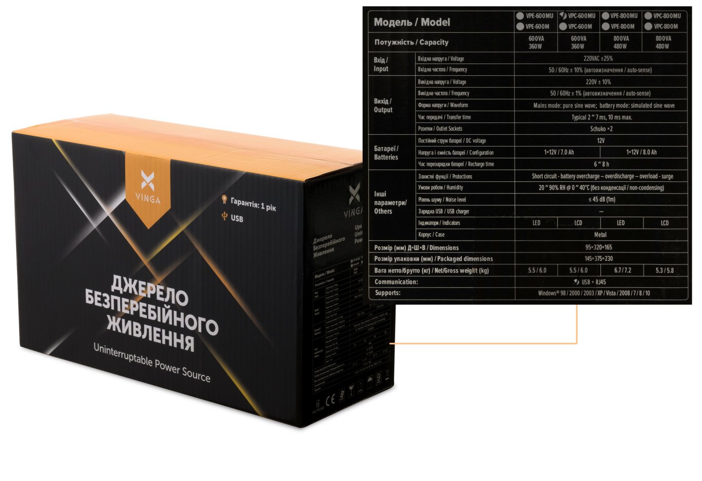 Пристрій безперебійного живлення Vinga LCD 600VA metal case with USB (VPC-600MU)