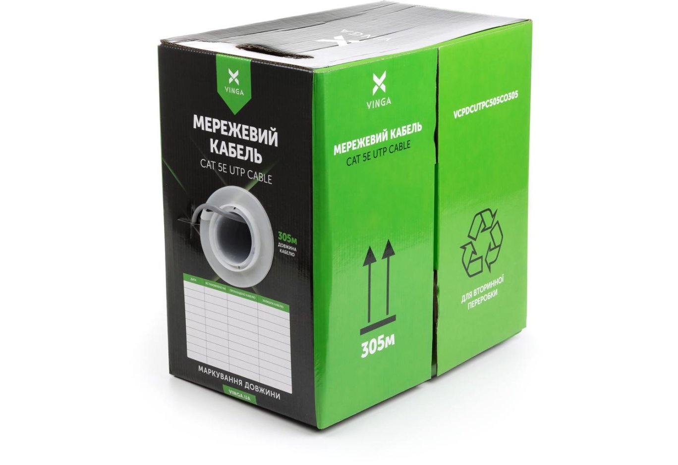 Network cable Vinga UTP 305м cat.5e Copper 4 pairs 0.5мм мідь (VCPDCUTPC505CO305)