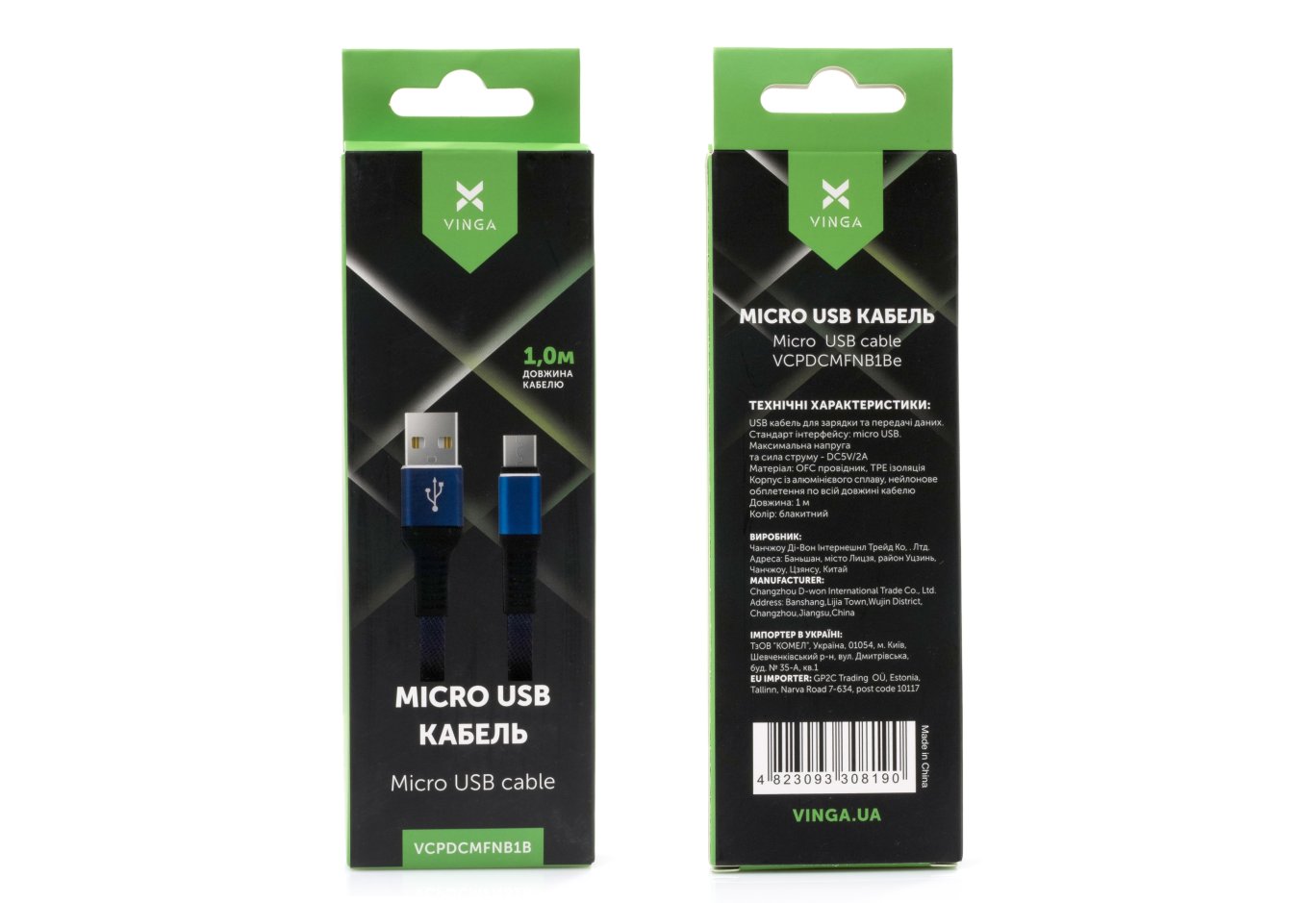 Дата кабель USB 2.0 AM to Micro 5P 1m flat nylon blue Vinga (VCPDCMFNB1B)