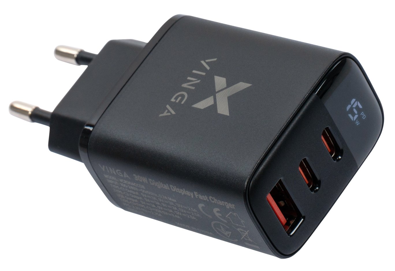 Зарядний пристрій Vinga 2xUSB-C PD30W + USB-A QC30W Display 30W Max (VCR30ACCDB)