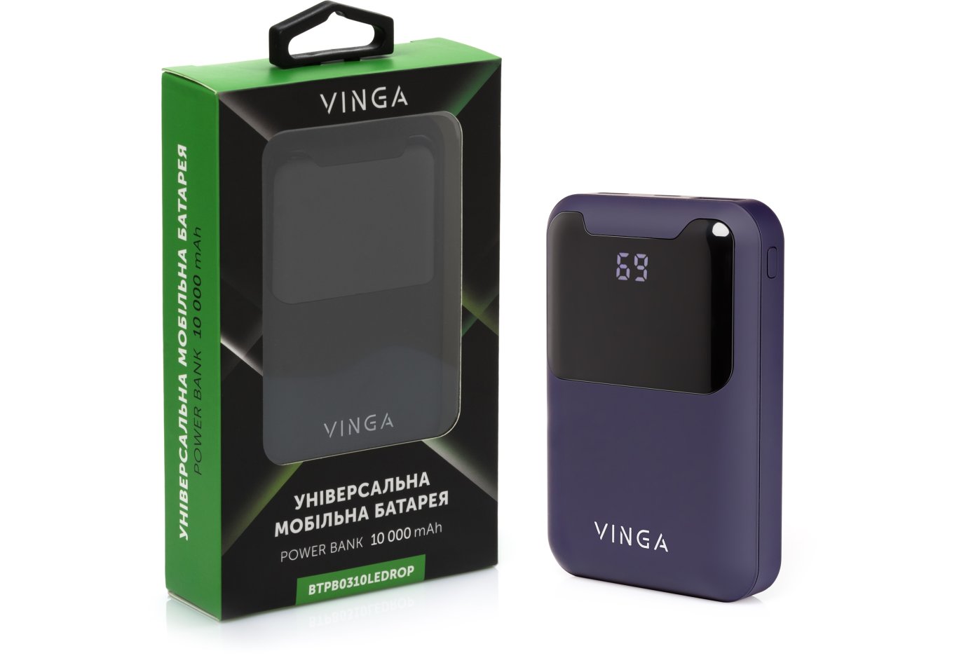 Батарея універсальна Vinga 10000 mAh Display soft touch purple (BTPB0310LEDROP)